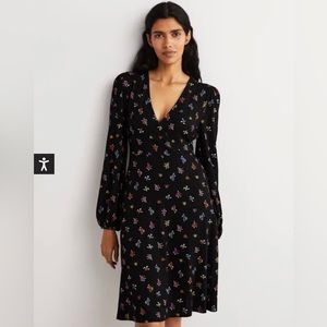 Boden Black Floral Jersey Faux Wrap Dress